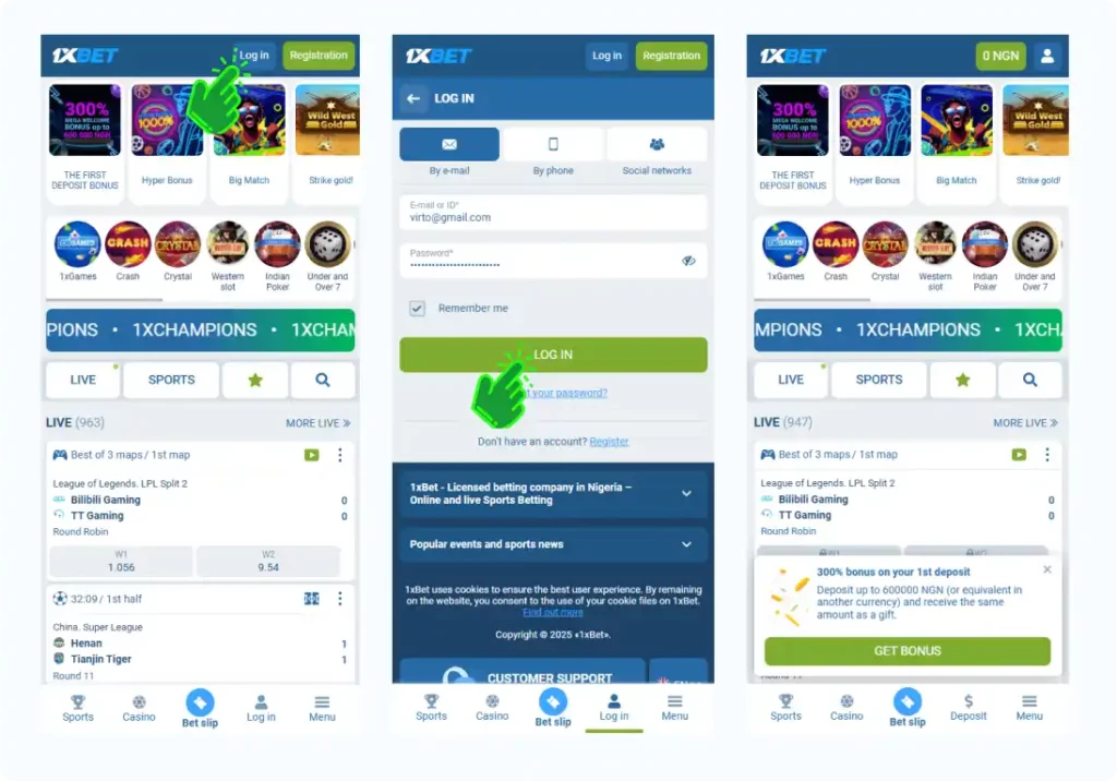 detailed process of logging into account